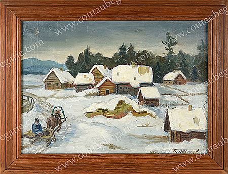 Troika arriving in a village under the snow