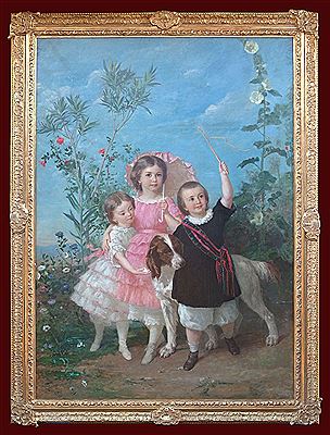 VERY IMPORTANT AND SENTIMENTAL PAINTING "PORTRAIT OF CHILDREN AND A DOG"