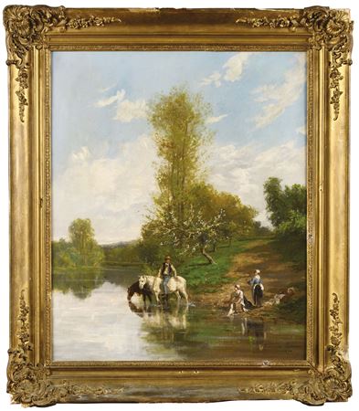 Washerwomen and horseman at the water's edge
