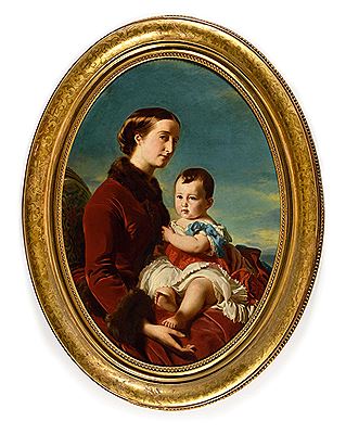 The Empress of Empress Eugenie in a red coat with fur collar, carrying the Imperial Prince on her lap