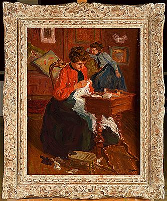 Woman at sewing by Raphael Leon Leguilloux - Auction record, sale price, and art valuation. Compare with similar artists and explore comparable artworks.
