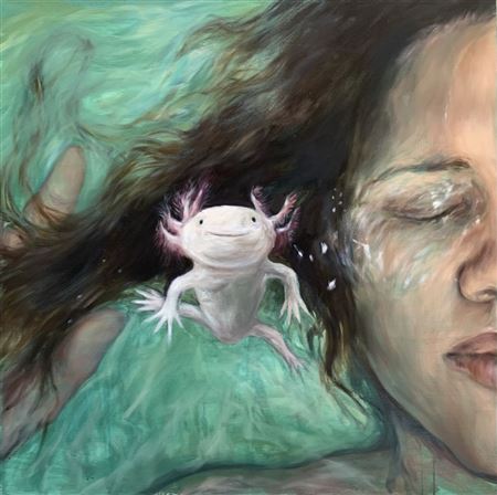 SELF PORTRAIT WITH NEWT (2021) by Ágnes Verebics - Auction record, sale price, and art valuation. Compare with similar artists and explore comparable artworks.