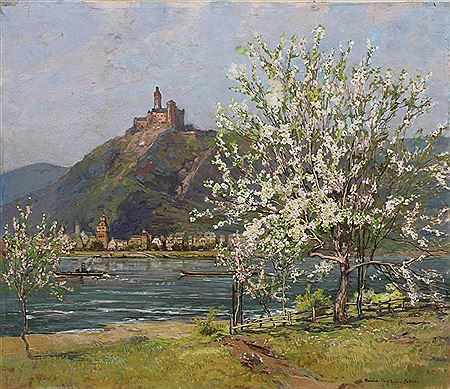 Blick auf die Marksburg im Frühling
