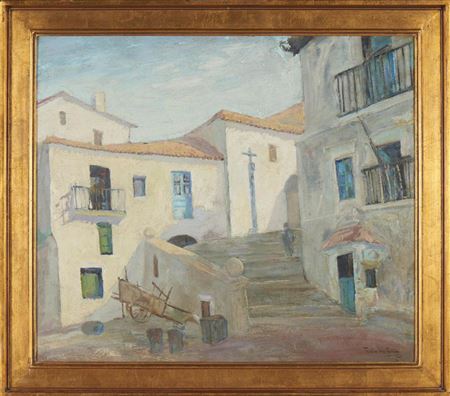 Street view with houses and pillory