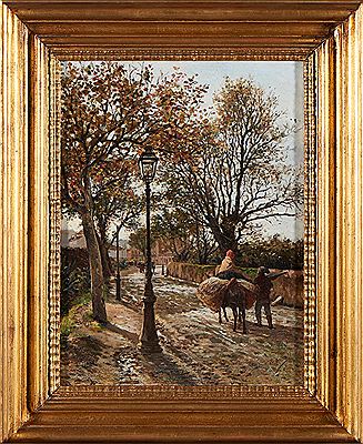 Street view with figures and donkey