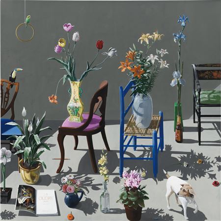 Flowers, Chairs, a Dog and Two Birds