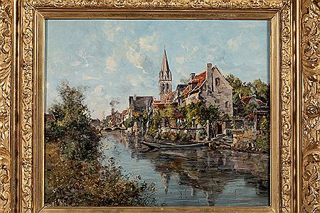 The bell tower of Beaulieu and old houses along the canal, 1891