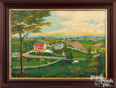 View of Daniel B. Lorah's Farm, Berks County Penna. 1872, depicting a bustling farm with figures and animals, with the Blue Mountains in the distance