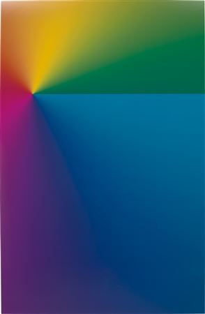 Photoshop CS: 110 by 72 inches, 300 DPI, RGB, square pixels, default gradient "Spectrum", mousedown y=9900 x=3450, mouseup y=990 x=21450