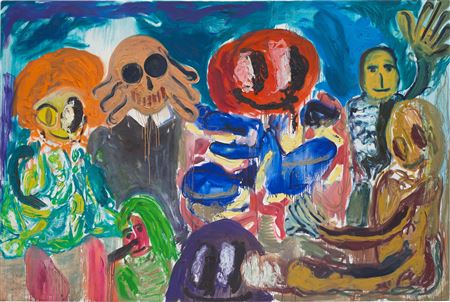 Sample artwork by Andre Butzer (Born 1973), known for large-scale neo expressionist painting, psychedelic color, frantic expression faces - View similar artists and auction records