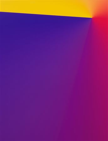 Photoshop CS: 84 by 66 inches, 300 DPI, RGB, square pixels, default gradient, "Blue, Red, Yellow" (turn reverse on), mousedown y= 1550 x=18400, mouseup y=300 x=150