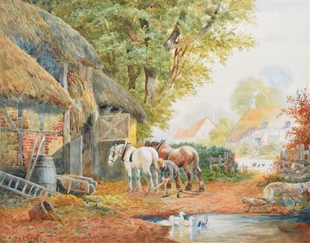 Stableyard scene with figure and horses by Charles James Keats - Auction record, sale price, and art valuation. Compare with similar artists and explore comparable artworks.