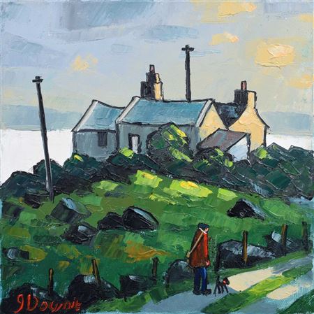 Coastal cottage with figure and dog