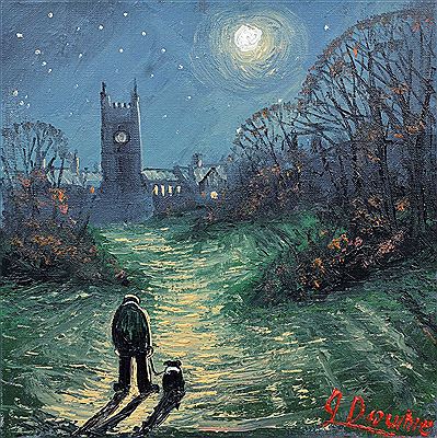 Moonlit scene with figure and dog