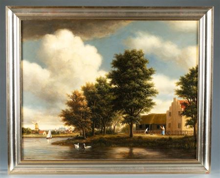 Rural scene depicting two swans in a river flanked by a farm house