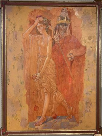 Persephone dropping pomegranates with a painter behind her