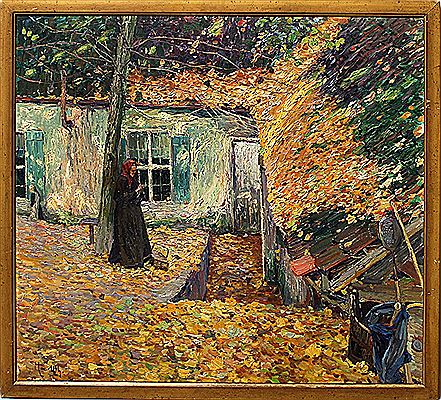 Impressionistische Ansicht eines Hofes mit Bäuerin im Herbst
