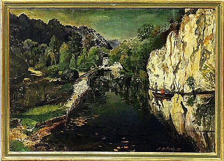 Impressionistic depiction of a mountain lake with two people in a boat