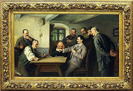 Card players with interested observers in an inn