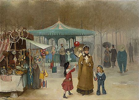 Mother and children at a winter fair in the Tuileries