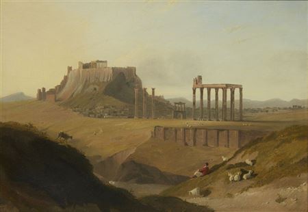 View of the Acropolis, Athens, with a shepherd and his flock in the foreground