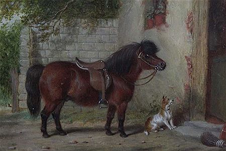 A pony and terrier before a cottage door