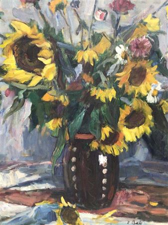 Still life of sunflowers and summer flowers in stoneware vase by Pazmandi Bak-Janos - Auction record, sale price, and art valuation. Compare with similar artists and explore comparable artworks.
