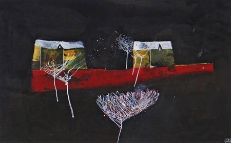 Two buildings and trees, black night