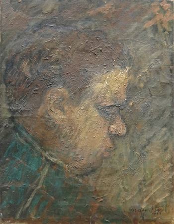 Head and shoulders portrait of poet Dylan Thomas in side-profile