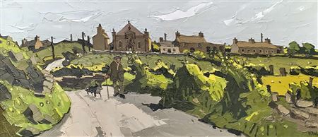YNYS MON (ANGLESEY) LANDSCAPE WITH FARMER AND DOG WALKING