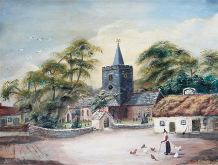 HISTORIC VIEW OF LLANBADARN CHURCH NEAR Aberystwyth with The Black Lion public house with a lady in Welsh costume feeding chickens, circa 1890