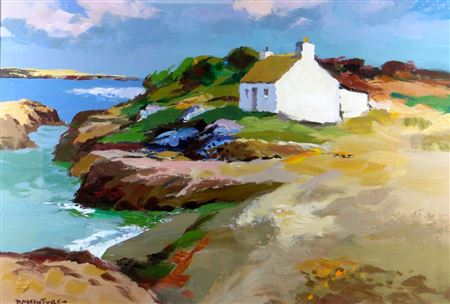 COASTAL SCENE WITH WHITEWASHED COTTAGE
