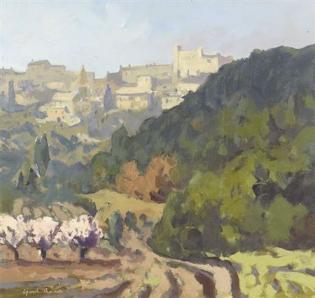 French countryside with path leading to village on hill