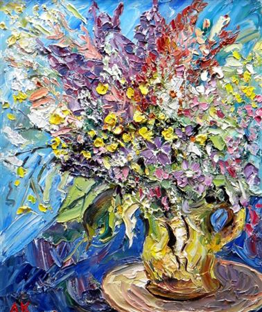 Colourful flowers in a vessel, entitled verso 'Wild Flowers'