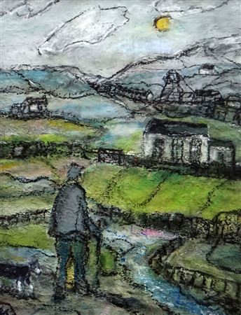 Figure observing a mining town from distance, entitled 'Remember When'