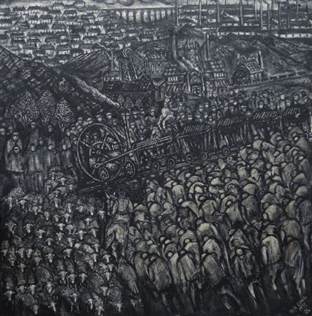 Expansive and powerful depiction of a mining community with houses, smoking chimneys, colliery and a mass of men alongside sheep surrounding a locomotive ridden by gentlemen in top-hats by Nick Evans - Auction record, sale price, and art valuation. Compare with similar artists and explore comparable artworks.