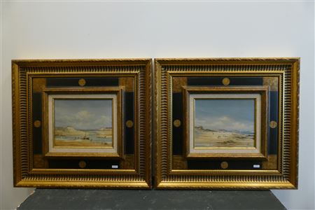 Paire de peintures "Bords de mer animés"