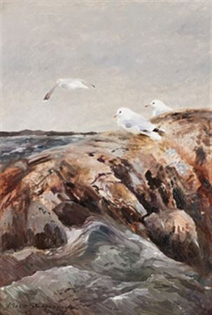 Seagulls on rocks by Mosse Stoopendaal - Auction record, sale price, and art valuation. Compare with similar artists and explore comparable artworks.