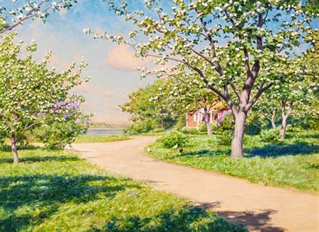 Summer landscape with flowering fruit trees and lilac by Johan Krouthen - Auction record, sale price, and art valuation. Compare with similar artists and explore comparable artworks.