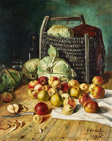 Still life with apples and charcoal heads