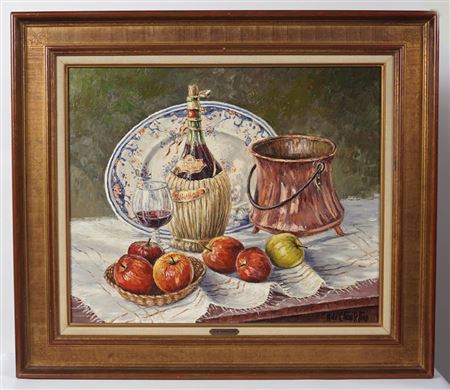 Still life of fruit, wine bottle, copper bucket, porcelain plater and a wine glass on a table