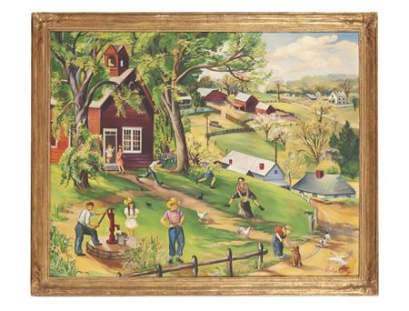 Large format rendering of an old one-room school house scene in a rural farming landscape by Valentine Vogel - Auction record, sale price, and art valuation. Compare with similar artists and explore comparable artworks.
