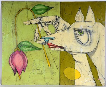 White Dog With Tulip.