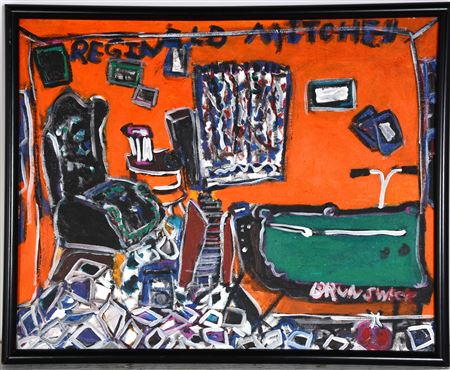 Sample artwork by Reginald Mitchell (Born 1959), known for modernist-leaning landscape, naive abstraction - View similar artists and auction records