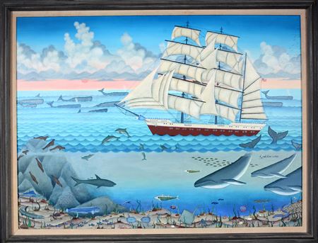 Three Mast Schooner In Ocean of Whales.
