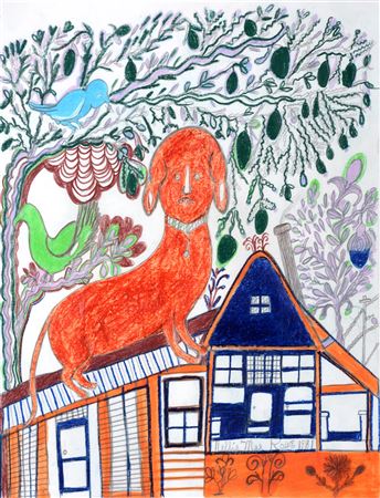 Dog on Roof With Blue and Green Birds.