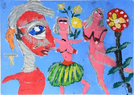 Red Face Profile With Topless Girl In Grass Skirt