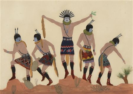Medicine Gatherers, ca. 1938 by Harrison (Haskay Yahne Yah) Begay - Auction record, sale price, and art valuation. Compare with similar artists and explore comparable artworks.