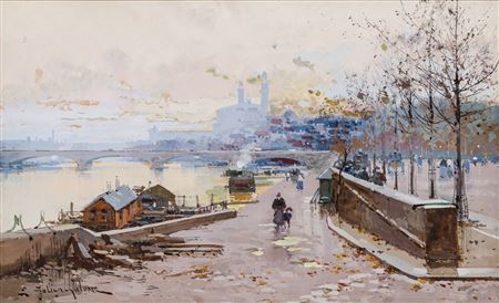 "On the River Bank, ParisParis Street Scene(A Pair)"