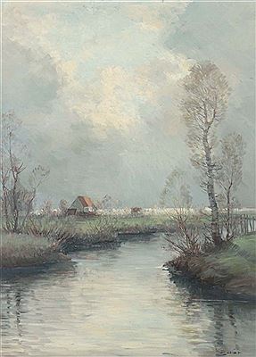"Flusslandschaft", mit einzelnem Gehöft unter aufklarendem Himmel